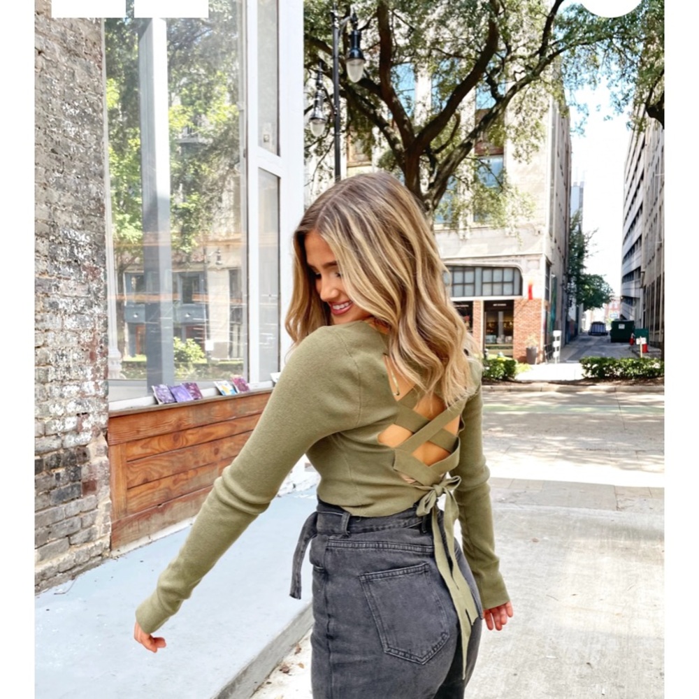 Olive green, tie back, square neck blouse